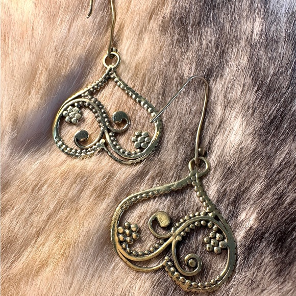 Solid Brass Balinesian Flourish Drop Dangle Earrings - Picture 2 of 4